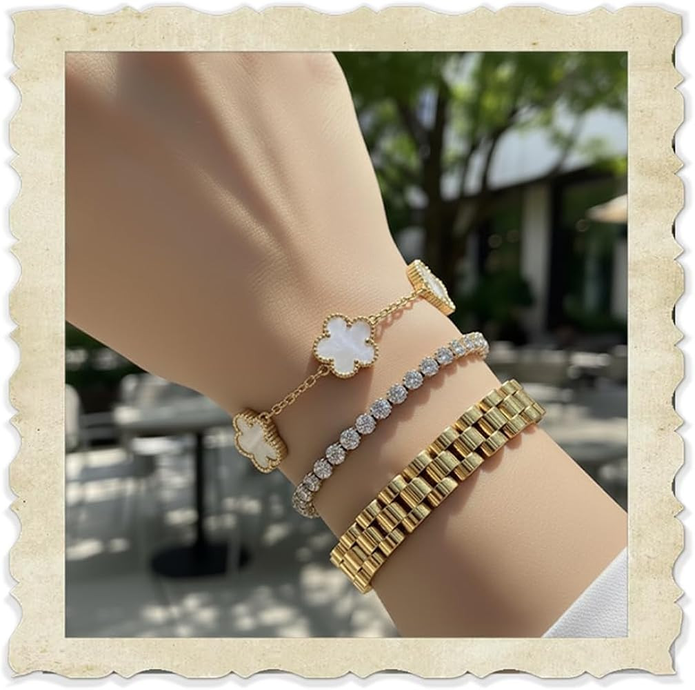 3PCS Gold Bracelet Set for Women \u2013 Tennis, Flower Clover, Love Knot & Watch Bracelet, 18K PV... | Amazon (US)