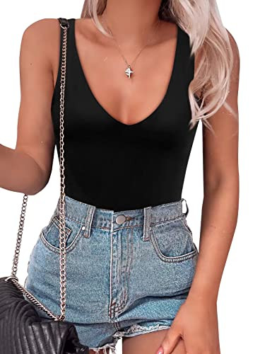 SAUNGKUAI Women’s Bodysuit Sexy Plunge Deep V Neck Backless Sleeveless Tank Thong Body Suits Outfits for Going Out Black L | Amazon (US)