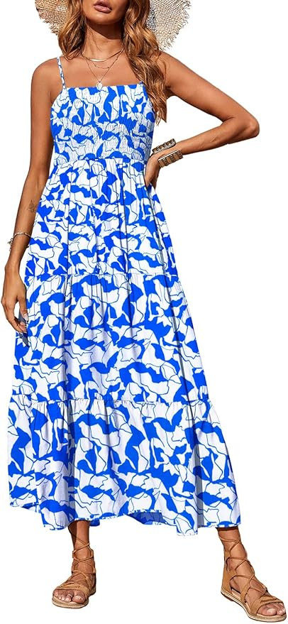 PRETTYGARDEN Women's Summer Maxi Dress Casual Boho Sleeveless Spaghetti Strap Smocked Tiered Long... | Amazon (US)