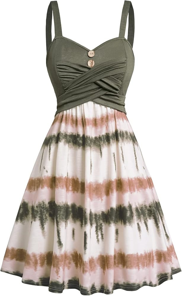 DRESSFO Women's Summer Floral Print A-Line Sundress Casual Vacation Cami Dress | Amazon (US)