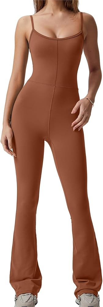 QINSEN Flare Jumpsuits for Women Spaghetti Straps Scoop Neck Bodycon Full Length Casual Unitard P... | Amazon (US)