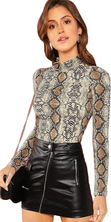 Floerns Women's Long Sleeve Mock Neck Slim Snakeskin T-Shirt Tops | Amazon (US)