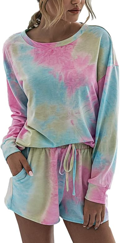 Women’s Tie Dye Printed Pajamas Set Long Sleeve Tops with Shorts Lounge Set Casual Two-Piece Sl... | Amazon (US)