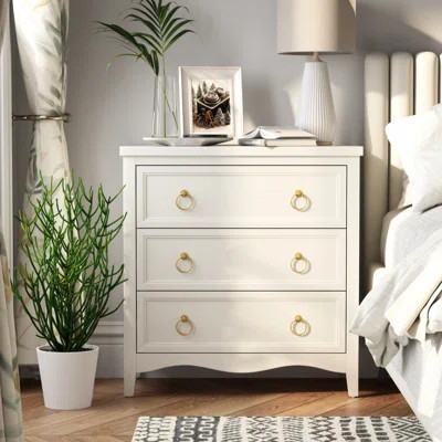 Farmhouse Fully-Assembled White 3-Drawer Dresser Chest, Vintage Nightstand With Bronze Metal Ring Handles | Wayfair North America