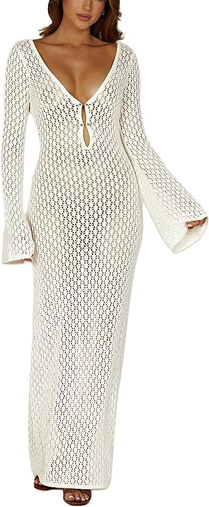 Women See Through Knit Long Dress Long Sleeve Crochet Maxi Bodycon Dress Backless Beach Bikini Co... | Amazon (US)