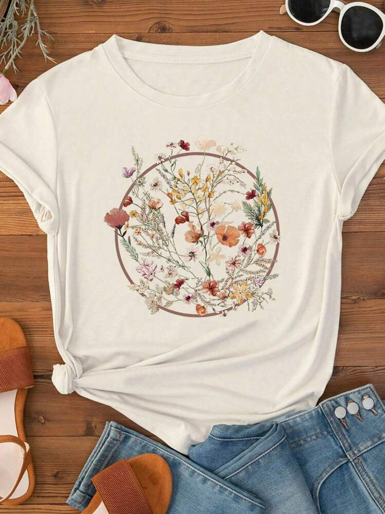 SHEIN LUNE Women's Casual Floral Print Short Sleeve Plus Size T-Shirt, Summer | SHEIN