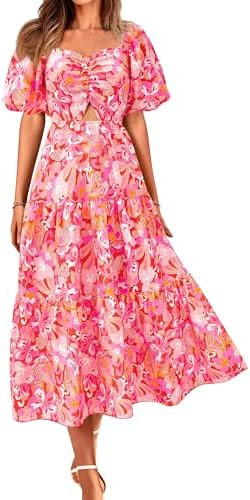 BTFBM Women's Clothing Spring Summer Dresses 2026 Beach Vacation Short Sleeve Smocked Back Boho C... | Amazon (US)