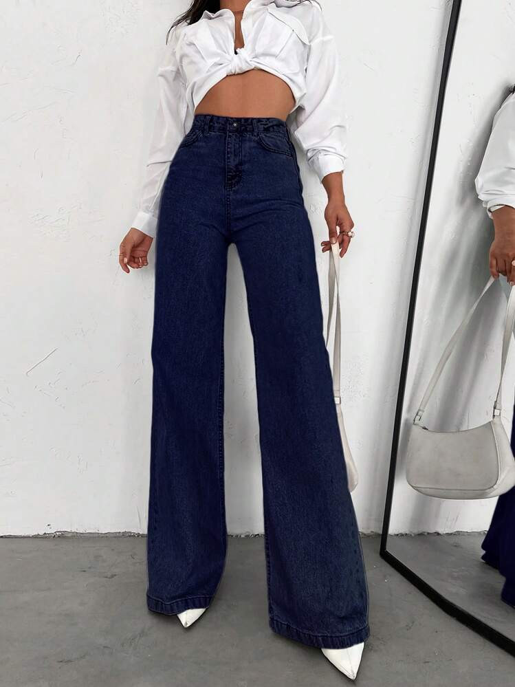 SHEIN Tall 100% Coton JEAN TAILLE HAUTE À JAMBE LARGE À OURLET LONG POUR GRANDE TAILLE | SHEIN