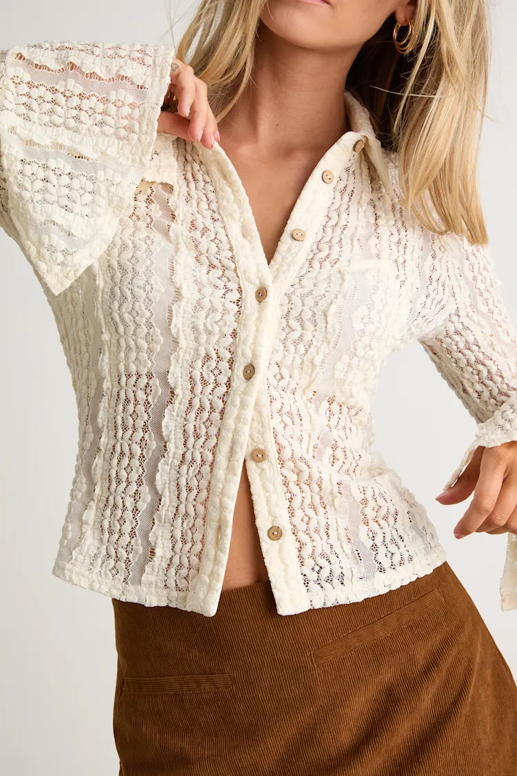 Malisa Cream Textured Lace Button-Front Long Sleeve Top | Lulus