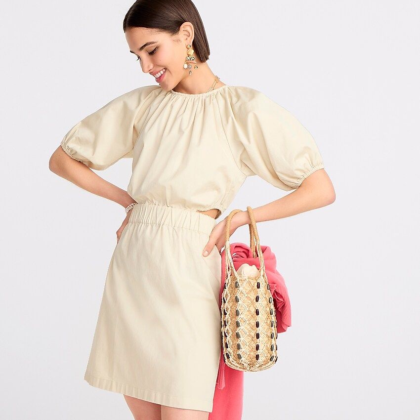 Puff-sleeve side-cutout mini dress in lightweight chino | J.Crew US