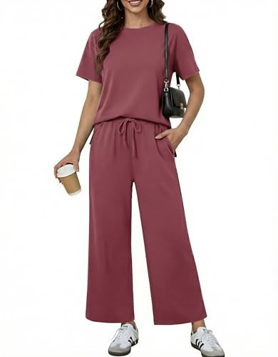 PINSPARK Two Piece Lounge Set for Women Soft Breathable Wide Leg Pants Matching Set Crewneck Short Sleeve Vacation Outfits,Muted Pink Large | Amazon (US)