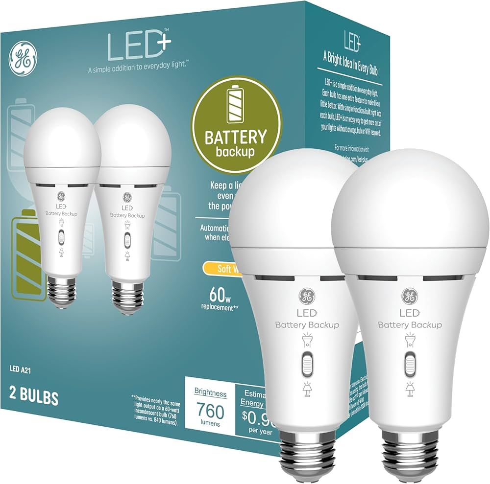 GE LED+ Backup Battery LED Light Bulbs, 8W, Rechargeable Emergency Light for Power Outages + Flas... | Amazon (US)