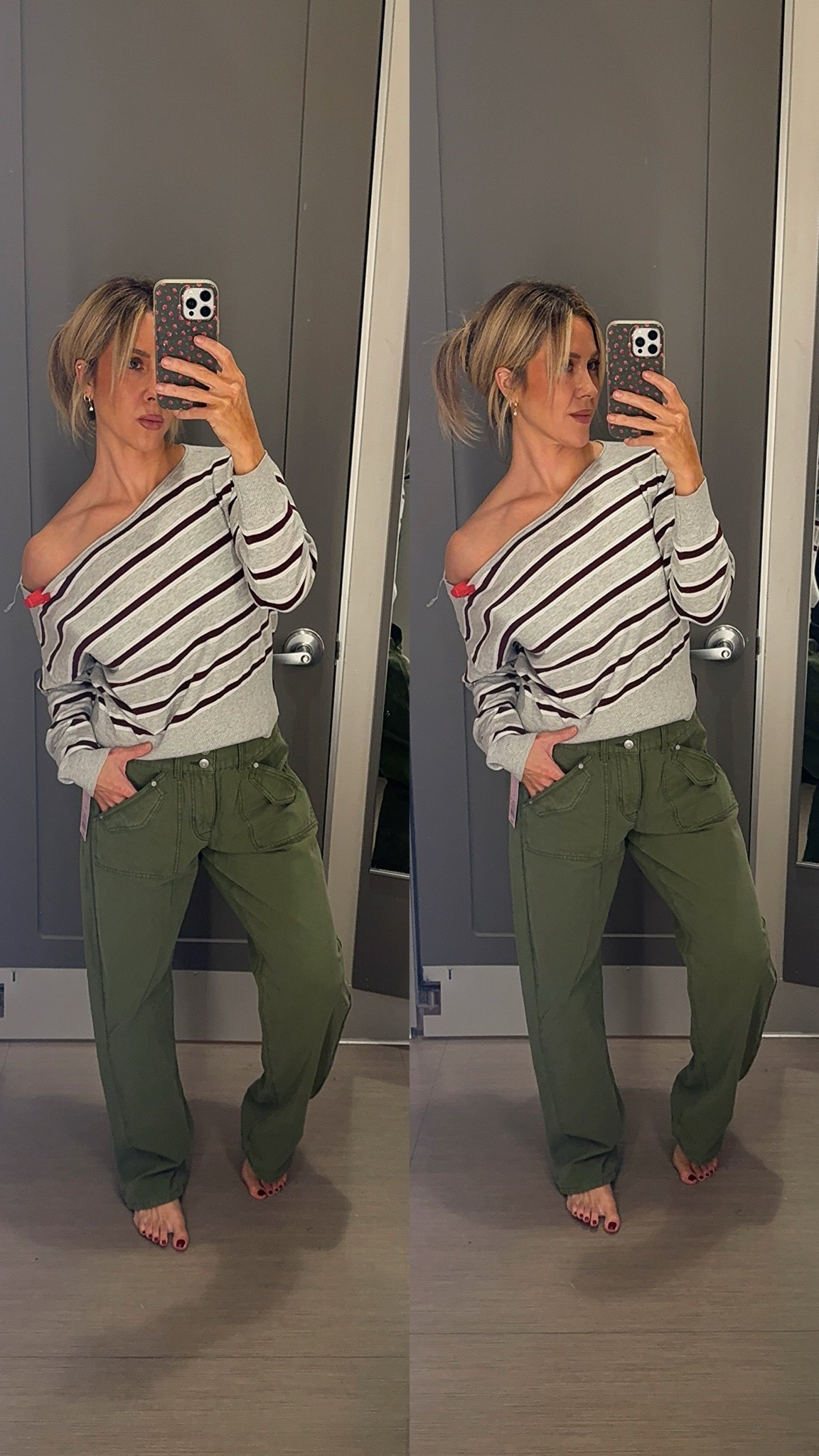 LOVE these olive cargo pants from target - fit low rise, tts - I sized up one size here for more of an oversized look. Wearing 8. Also love this off the shoulder stripe sweater - wesring L but would have done a M so it was more fitted across the waist! #targetstyle #salealert