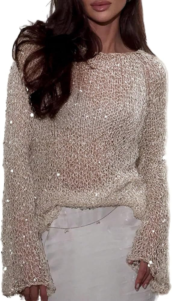 SOLY HUX Women's Hollow Out Sequin Sparkly Sweater Sheer Long Sleeve Shiny Pullover Coverup Tops ... | Amazon (US)