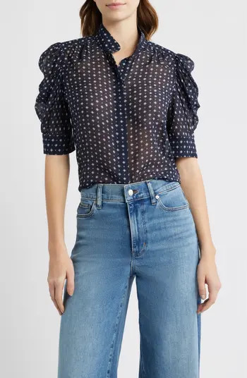 FRAME Gillian Print Silk Button-Up Shirt in Navy Multi at Nordstrom, Size X-Large | Nordstrom