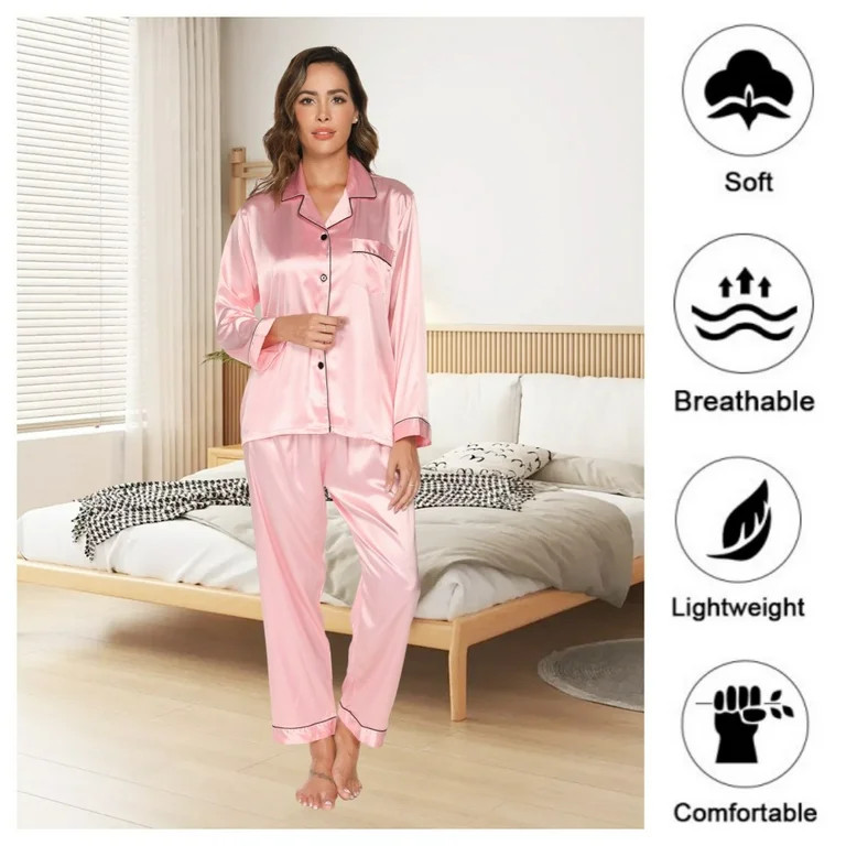Silk Satin Pajama Sets for Women Long Sleeve Button Down Pajama Set 2 Piece Sleepwear for Women, ... | Walmart (US)