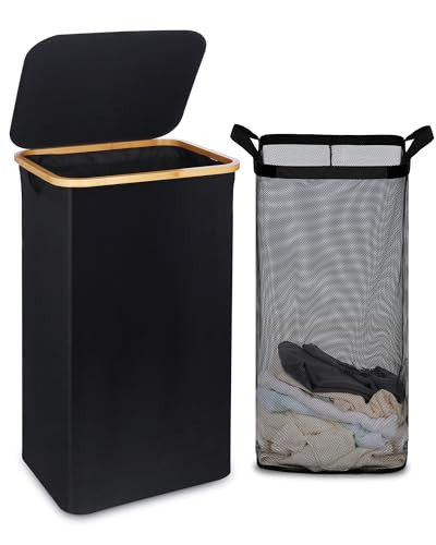 efluky 100L Laundry Basket with Lid and Net Bag, Tall Laundry Hamper with Bamboo Handles, Aesthetic Dirty Clothes Bin for Laundry Room, Bathroom, Bedroom and Dorm, Black | Amazon (US)