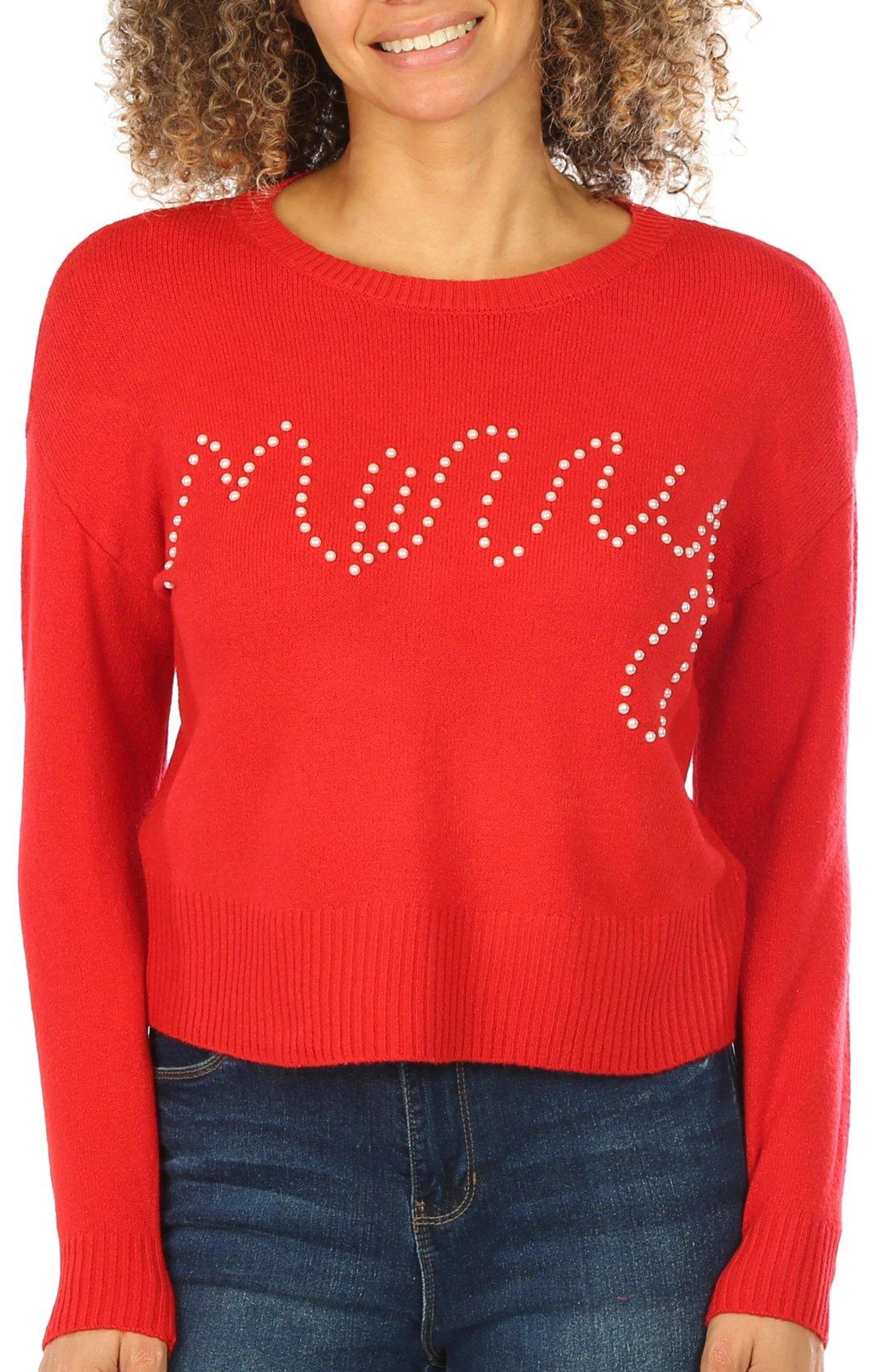 No Comment Juniors Holiday Pearl Script Sweater | Bealls
