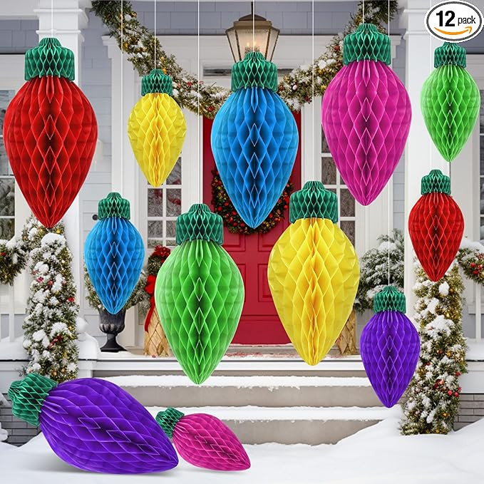12 Pcs 20" and 12" Bright Jumbo Christmas Lights Honeycomb Hanging Decoration Large 3D Light Bulb... | Amazon (US)