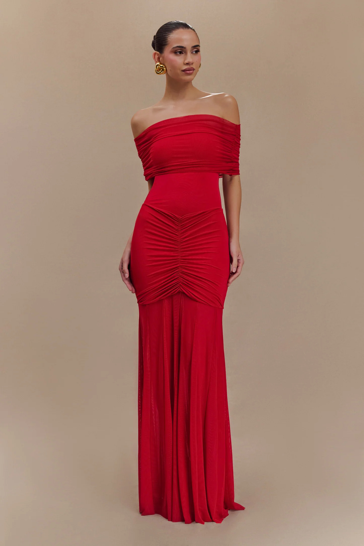Caspian Slinky And Mesh Off Shoulder Maxi Dress - Ruby | Meshki (APAC)