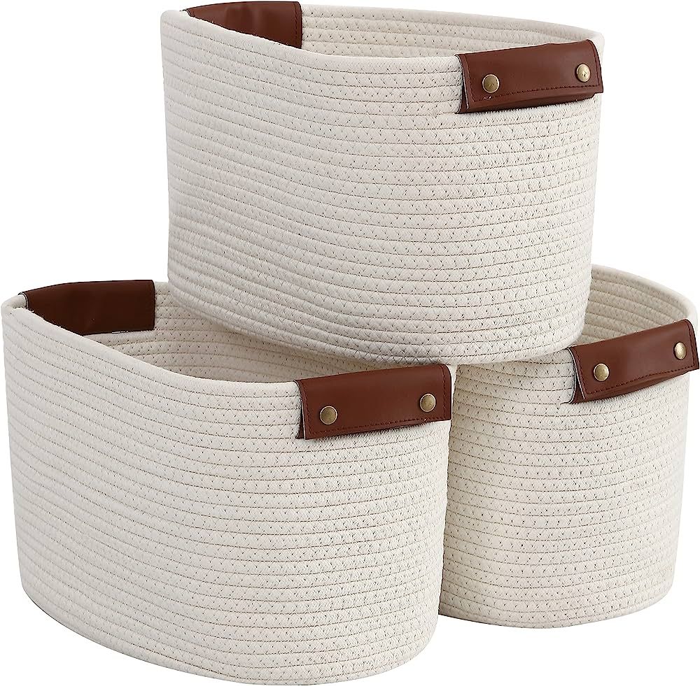 Organizix 3 Pack Woven Cotton Rope Shelf Storage Basket with Leather Handles, Baby Nursery Storag... | Amazon (US)
