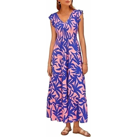 PRETTYGARDEN Women's Summer Flowy Maxi Dress Casual Cap Sleeve V Neck Smocked Beach Sundress | Walmart (US)