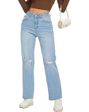 Women Straight Ankle Jeans Casual Loose High Waist Solid Denim Pants | Amazon (US)