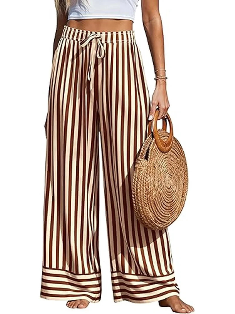 PRETTYGARDEN Womens Palazzo Pants Summer Striped Wide Leg Trousers Elastic Waist Flowy Lounge Pan... | Walmart (US)