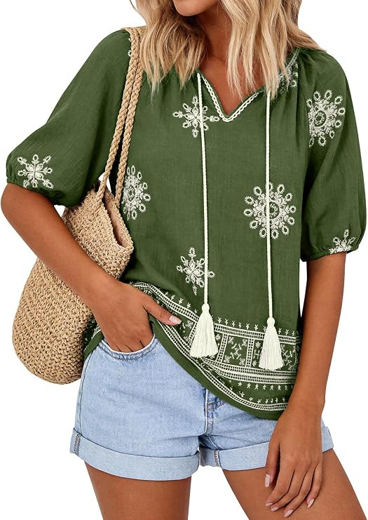 CFLONGE Womens Summer Boho Tops Casual Puff Short Sleeve Blouses V Neck Floral Shirts Loose Tie F... | Amazon (US)