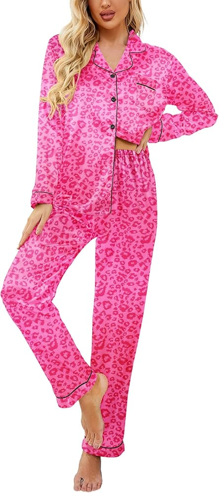 Ekouaer Womens Satin Pajama Set Classic Pattern Silky Pj Sets Button Down Sleepwear Loungewear | Amazon (US)