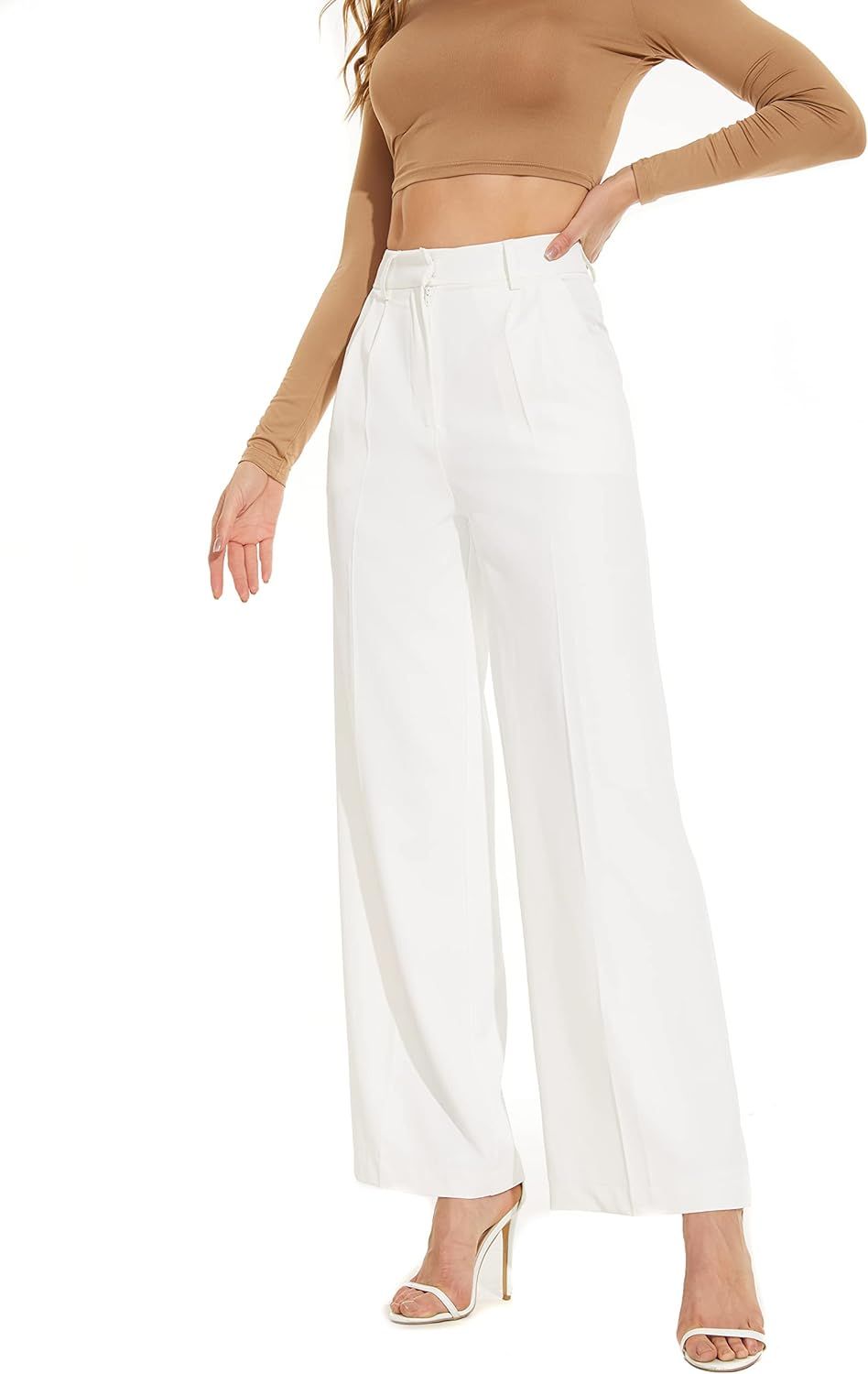 FUNYYZO Women's Wide Leg Work Pants High Waist Long Straight Trousers Causal Pants with Pocket | Amazon (US)