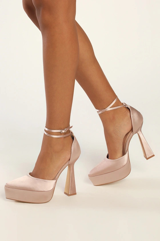 Galana Champagne Satin Platform Pointed-Toe Ankle Strap Pumps | Lulus (US)