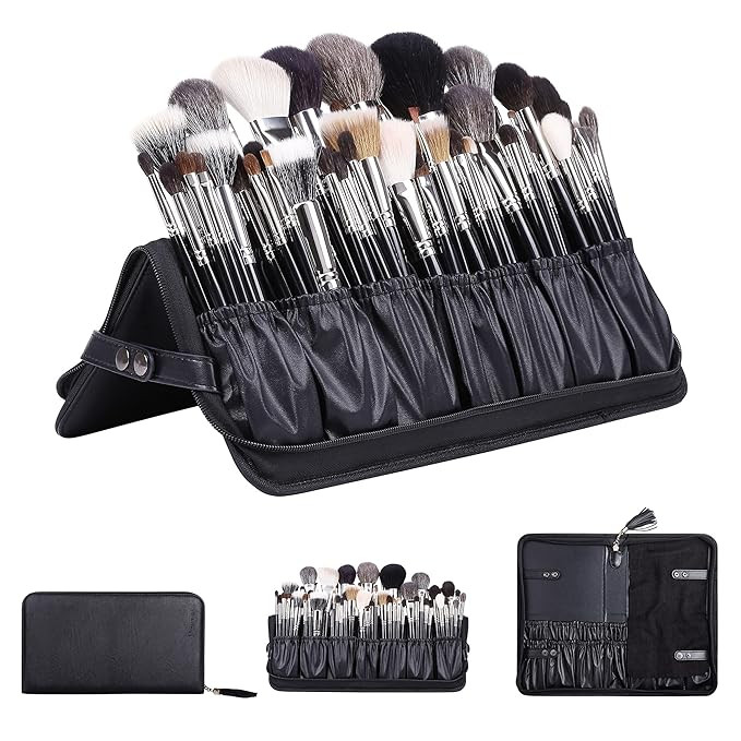 Rownyeon Professional Makeup Brushes Organizer Bag Makeup Artist Cosmetic Case Leather Handbag Bl... | Amazon (US)