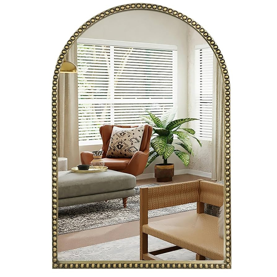 Antique Gold 24"x36" Arched Wall Mirror with Metal Beaded Frame - Decorative Accent Wall Mirror f... | Amazon (US)
