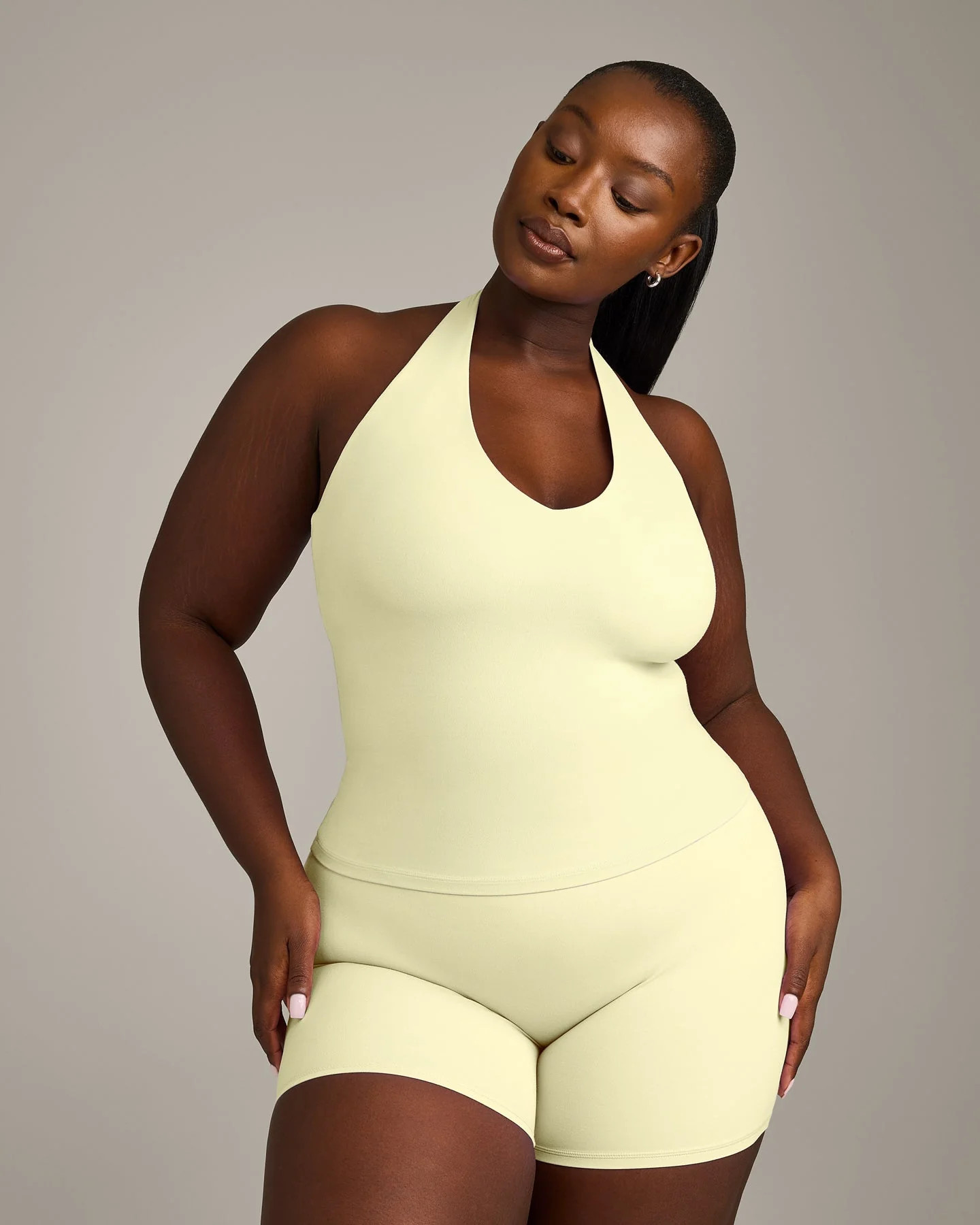 SoftMotion™ Halter Neck Tank Top with Built in Bra Shelf with Gray Logo 
 Pastel Yellow | Oner Active (UK / US)