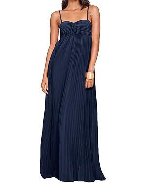 Women's Plisse Dress Adjustable Spaghetti Strap Maxi Solid Party Wedding Guest Dresses | Amazon (US)
