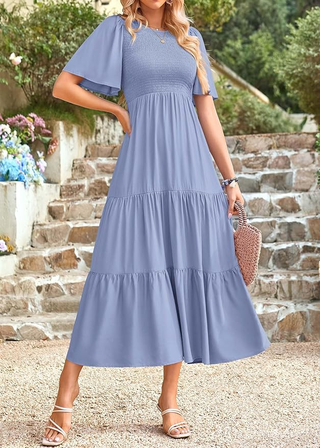 KIRUNDO Womens Fashion 2025 Spring Summer Casual Flutter Short Sleeve Midi Dress Smocked Tiered A... | Amazon (US)