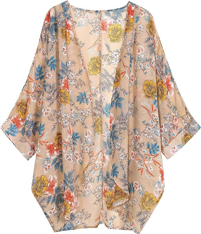 olrain Women's Floral Print Sheer Chiffon Loose Kimono Cardigan Capes | Amazon (US)