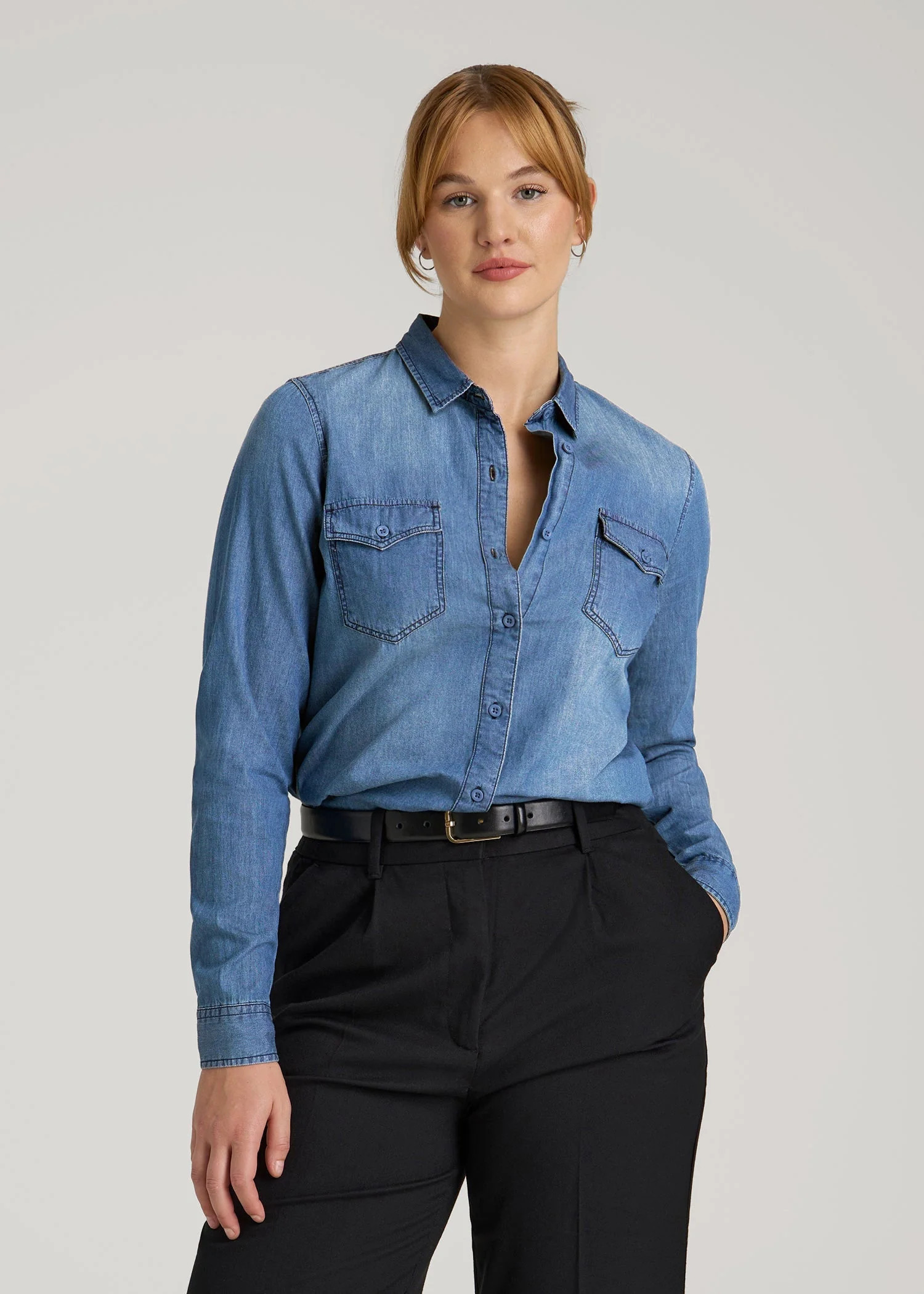 Denim Shirt for Tall Women in Faded Blue | American Tall