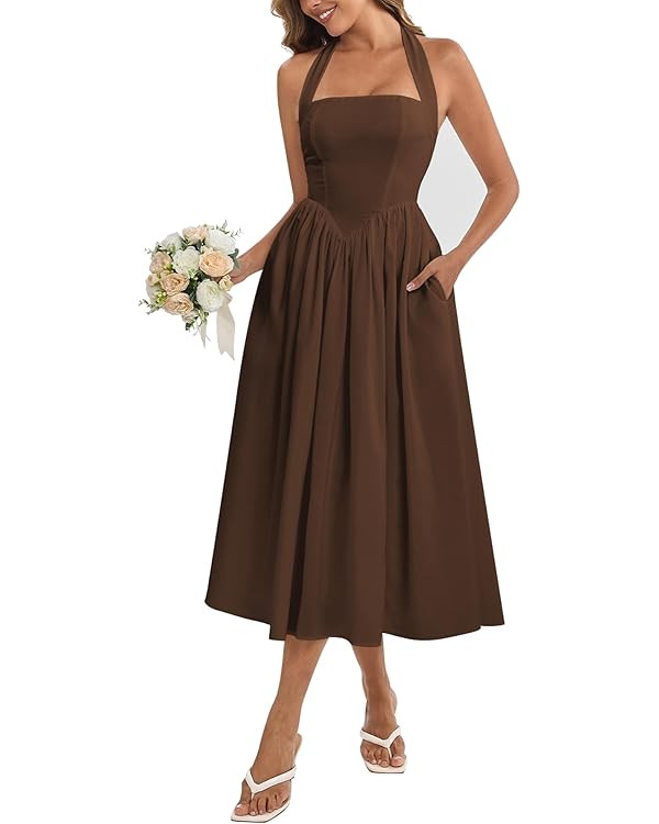 Parthea Women's Floral Halter Corset Midi Dress 2026 Elegant Smocked Flowy Wedding Guest Dresses ... | Amazon (US)