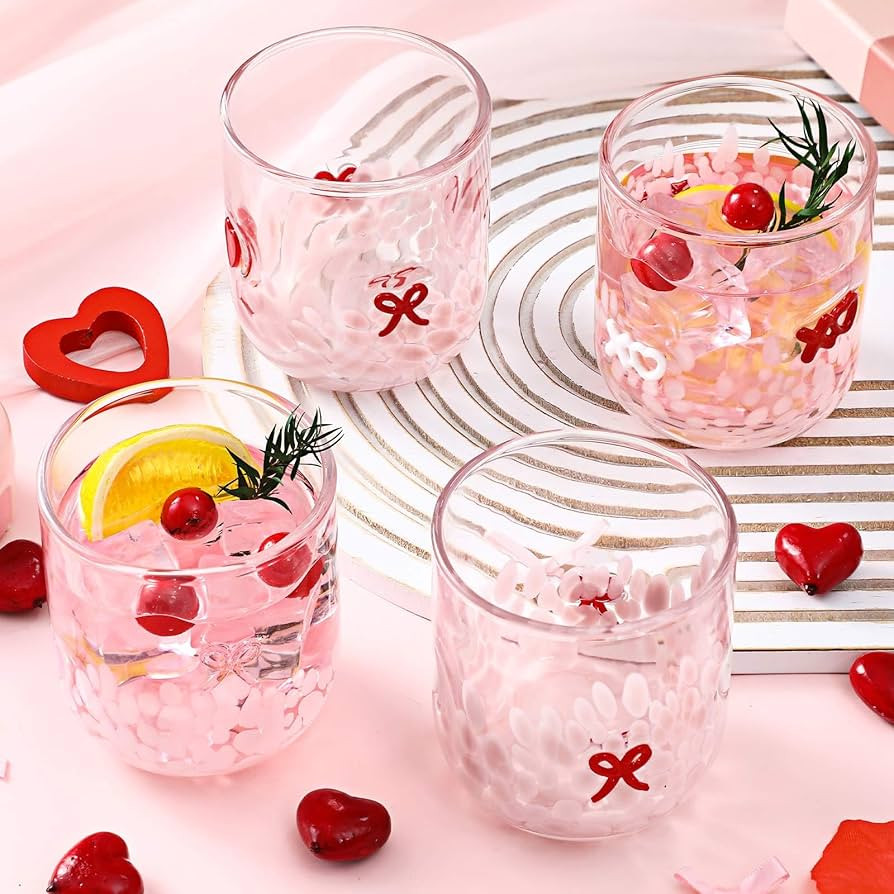 4 Pack Valentine Day Cups Icon Juice Glass 15 oz Bow & Heart Icon Drinking Glasses Valentine Teac... | Amazon (US)