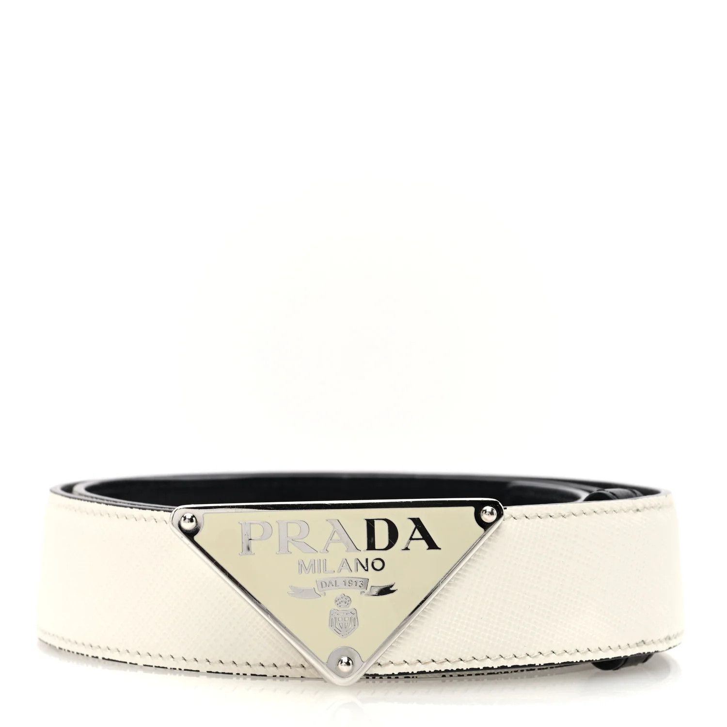 Saffiano Triangle Logo Belt 75 30 White | FASHIONPHILE (US)