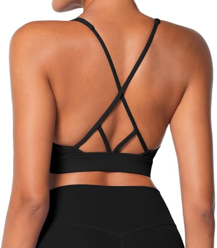 Sunzel V Neck Strappy Sports Bras for Women Criss Cross Back Halter Yoga Bra Removable Cups Padded Workout Running Gym Tops Black X-Small | Amazon (US)