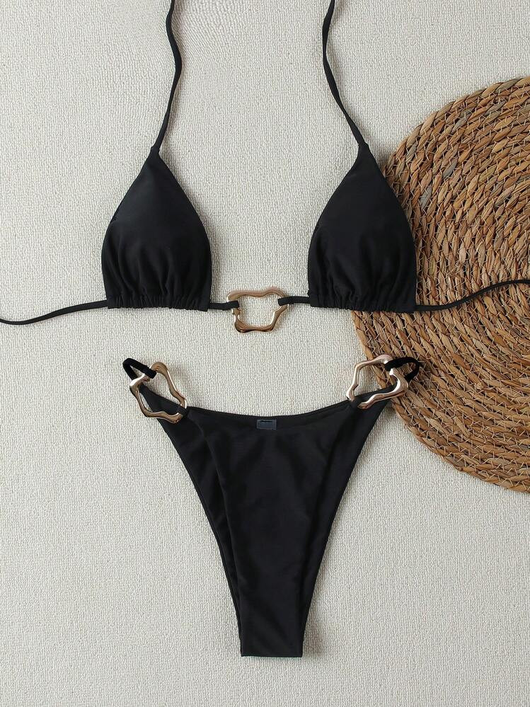Polovedo Official New Sexy Halter Black Bikini Swimsuit, Casual European And American Style For Spring/Summer, Suitable For Valentine's Day, Beach, Vacation, Party, And Dates | SHEIN