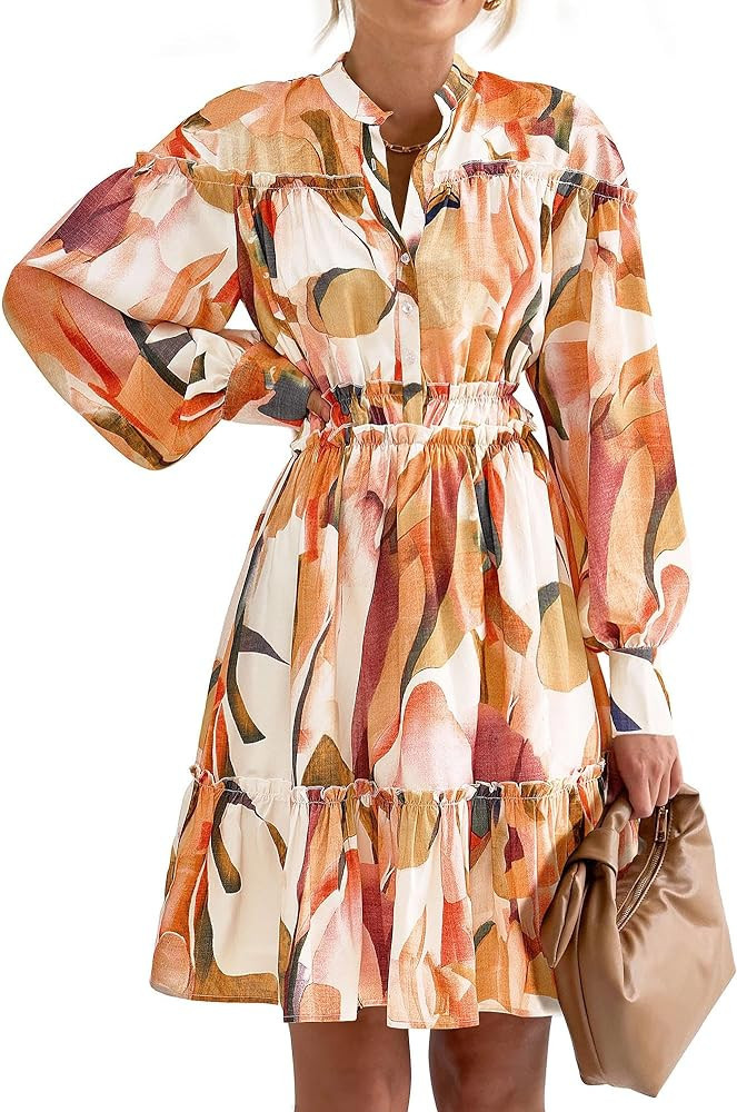 KIRUNDO Womens Fall Dresses Casual Long Lantern Sleeve Button Up Boho Vintage Floral Printed A Li... | Amazon (US)