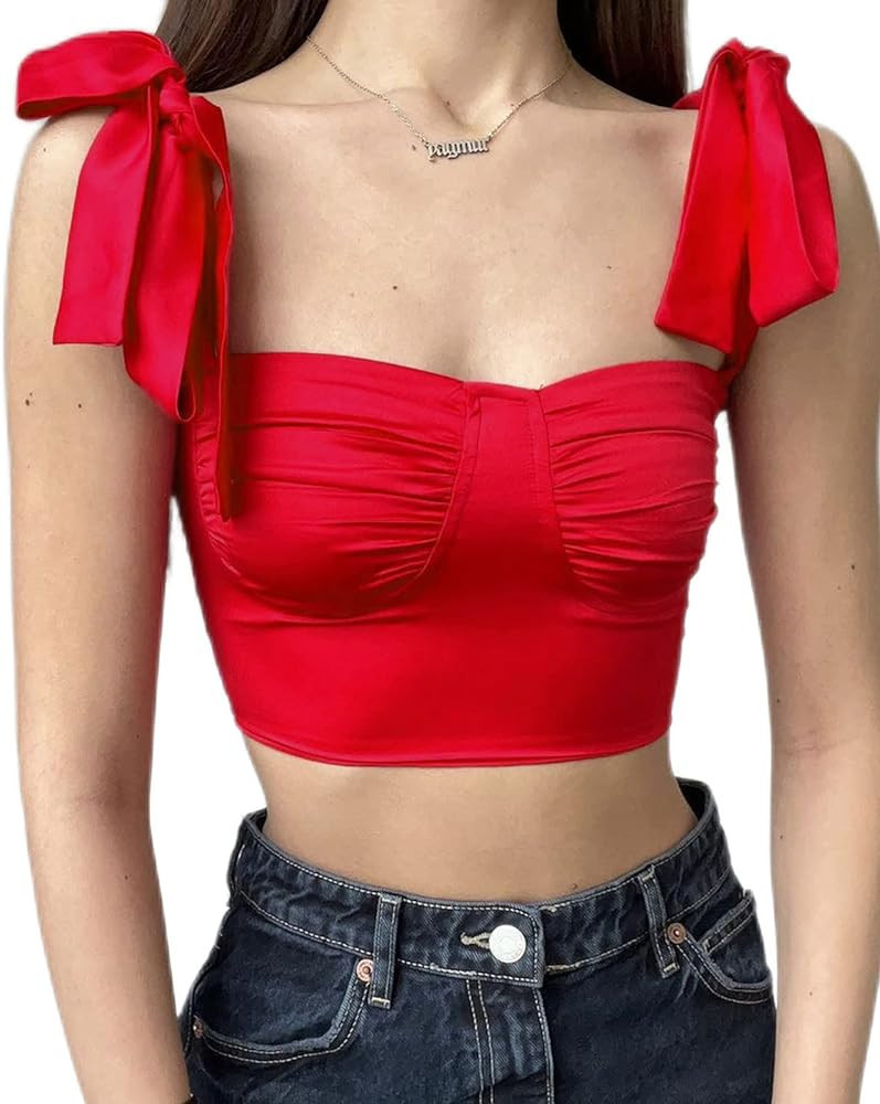 LYANER Women's Tie Shoulder Strap Ruched Square Neck Sleeveless Cami Crop Top | Amazon (US)