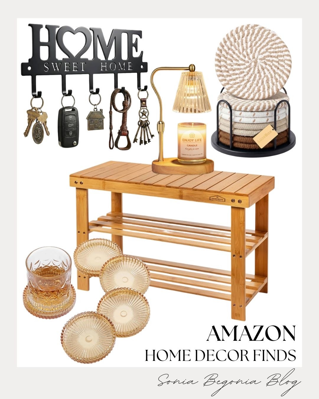 Elevate your entryway or living space with these cozy new Amazon home additions! I love this functional wooden storage bench paired with a practical "Home Sweet Home" wall-mounted key holder.

I styled them with a warm candle warmer lamp, woven coasters, and elegant ribbed glassware.

#LTKhome #AmazonHome #HomeDecor #EntrywayInspo #DecorFinds #CozyHome #InteriorStyling #HostingEssentials #SoniaBegoniaBlog

#LTKHome