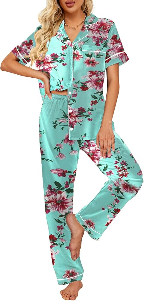 Ekouaer Silk Satin Pajamas Set Women Short Sleeve Sleepwear Soft Button Down Loungewear Pjs Set | Amazon (US)