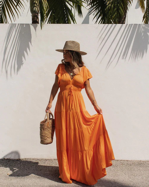 Ellenora Tiered Flutter Sleeve Maxi Dress - Orange | VICI