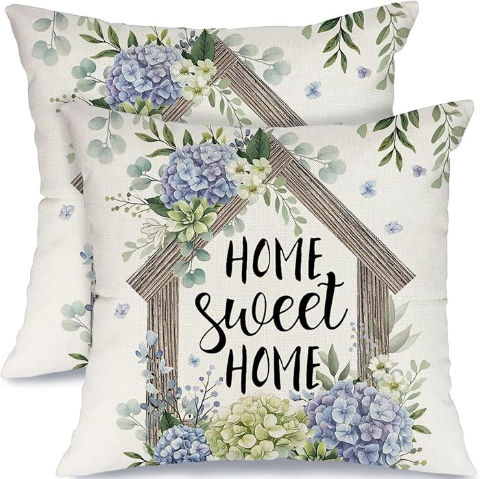 GEEORY Spring Home Sweet Home Pillow Covers Set of 2, 18x18 Inch Farmhouse Hydrangeas Eacalyptus ... | Amazon (US)